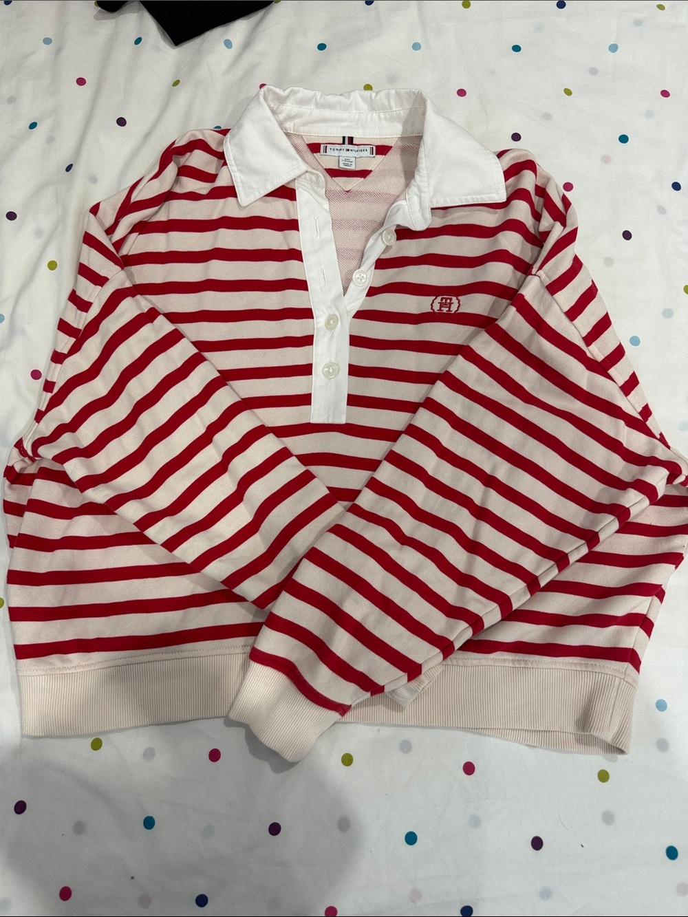 Tommy Hilfiger oversized Striped Rugby Shirt with White Collar - Red & Cream